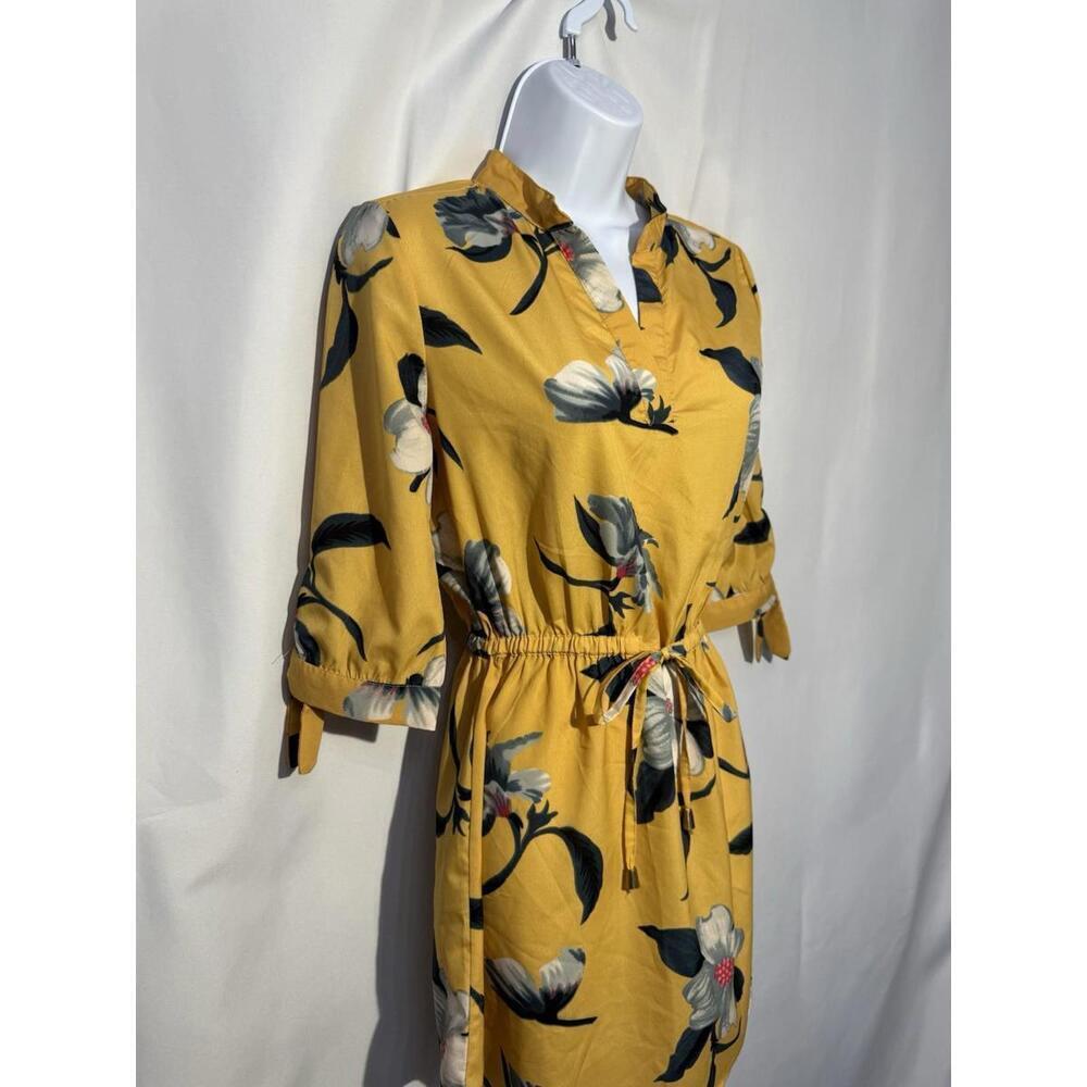 Hint of Blush Yellow Floral Mini Dress S 3/4 Sleeve Draw String Waist Boho - Picture 3 of 8
